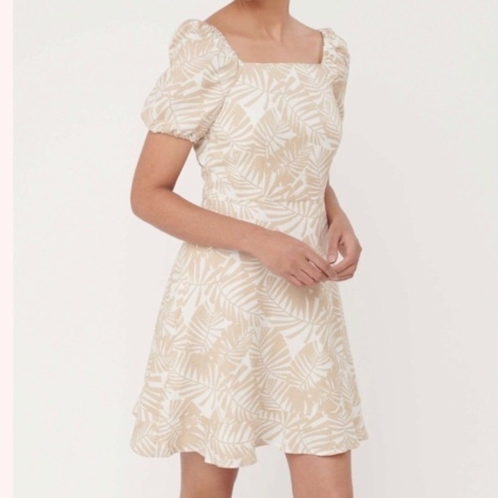 LOFT Tan White Tropical Palm Leaf Linen Blend Tie Back Mini Dress Size 4